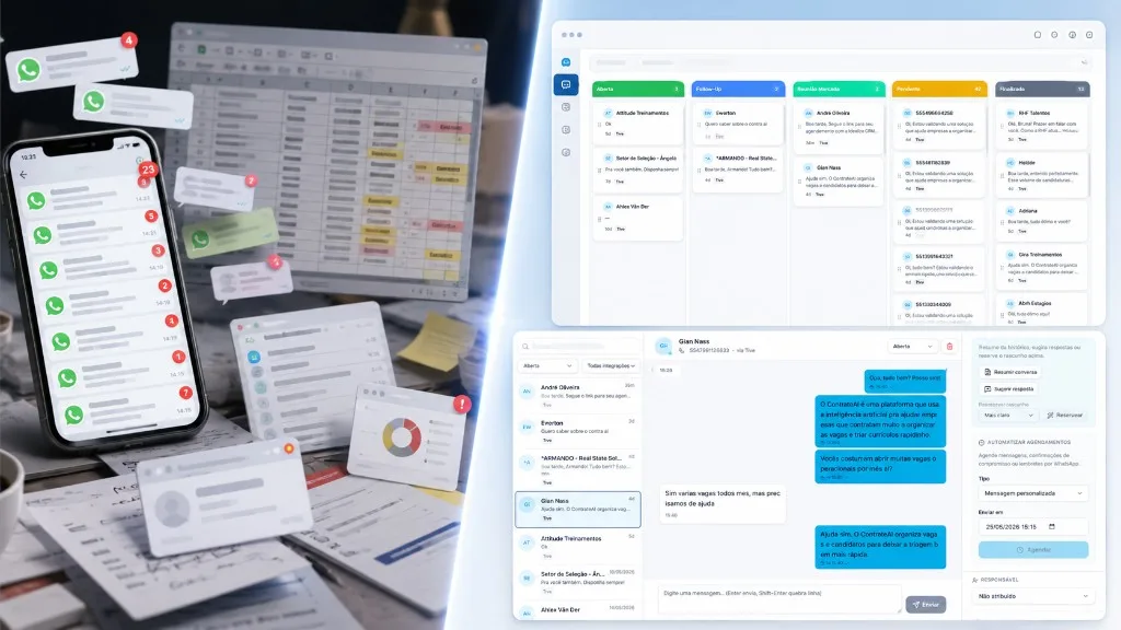 Idealize CRM — from WhatsApp chaos to an organized commercial funnel Before and after for industrial B2B sales: messy WhatsApp and spreadsheets vs Idealize CRM sales funnel and integrated inbox