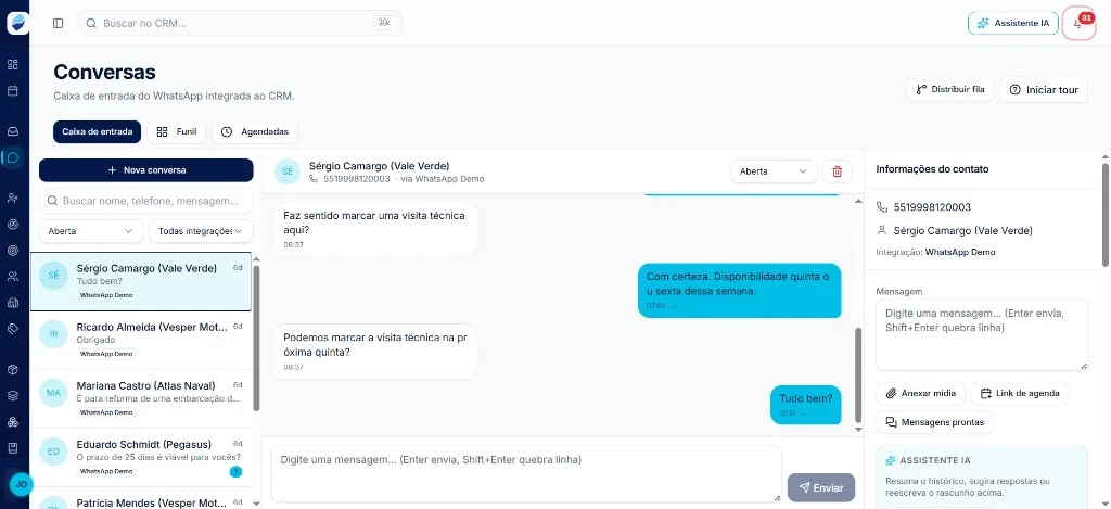 Idealize CRM Conversations screen — integrated WhatsApp inbox with chat list, messages and AI assistant