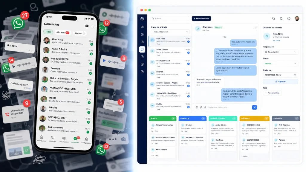 Before and after: messy WhatsApp on mobile vs organized commercial inbox in Idealize CRM Before and after: seller's phone flooded with WhatsApp notifications vs Idealize CRM inbox with chats by status, owner, contact details and Kanban sales funnel for industrial B2B