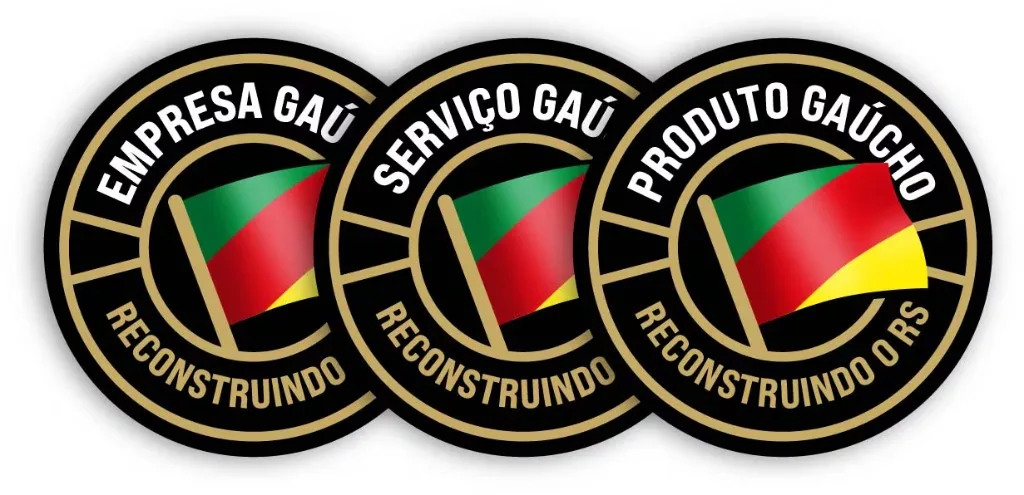 Badges Gaucho Company, Gaucho Service and Gaucho Product — Rebuilding Rio Grande do Sul (RS) campaign
